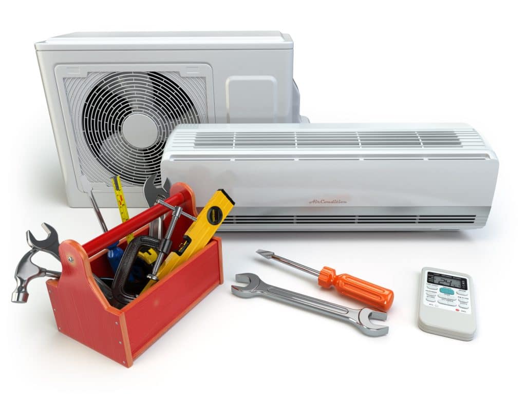 Air conditioner with toolbox and tools